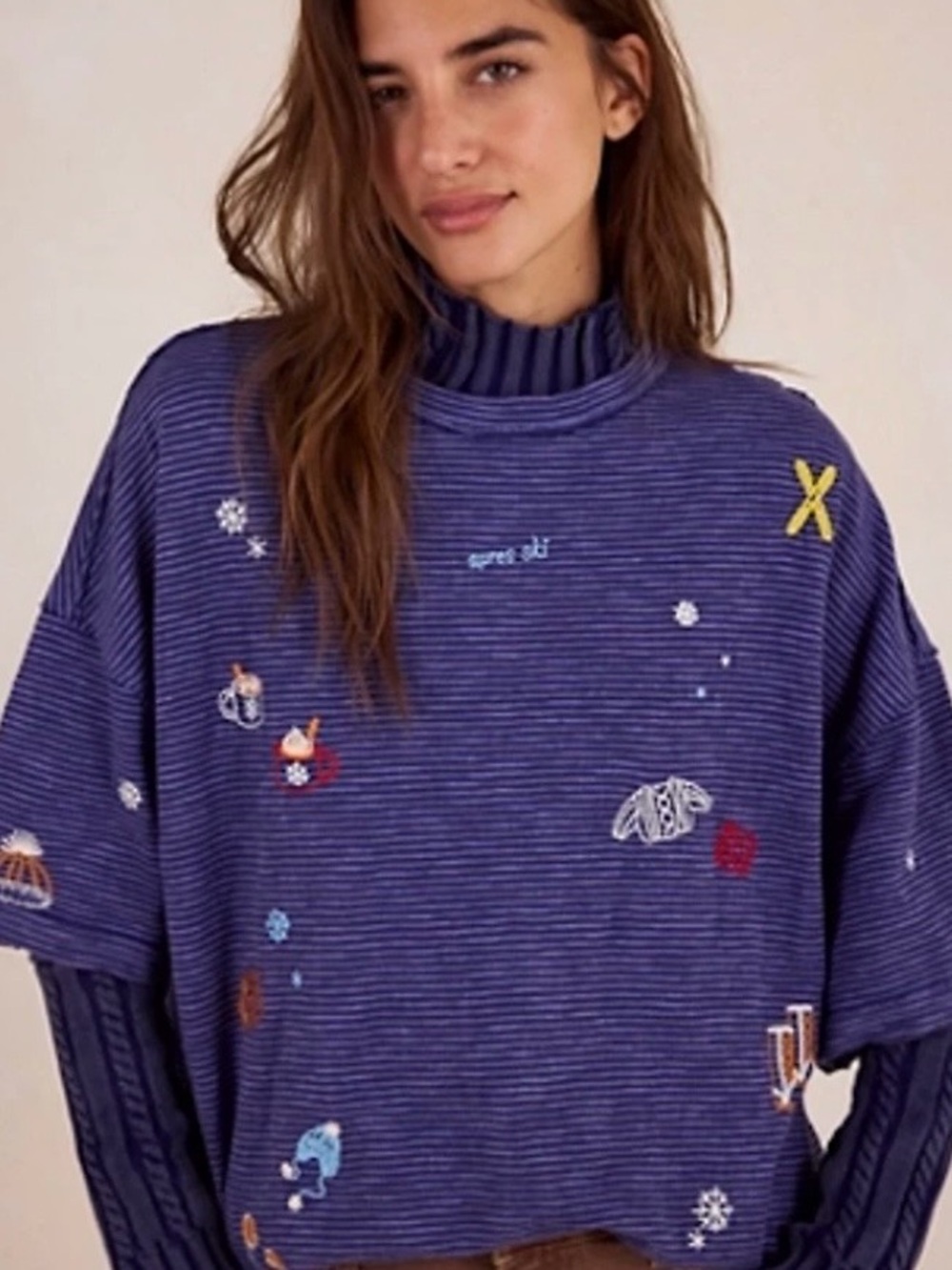 NWT!  Free People We The Free Embroidered Ski Camp Striped Oversized Tee ~ S